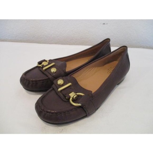 Coach Brown Chocolate Gold Button Logo Accent Loafer Flats - Picture 2 of 7